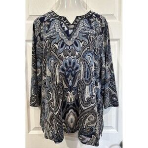 Alfred Dunner Women's XL Gray Blue Jeweled Neckline Tunic Top Blouse
